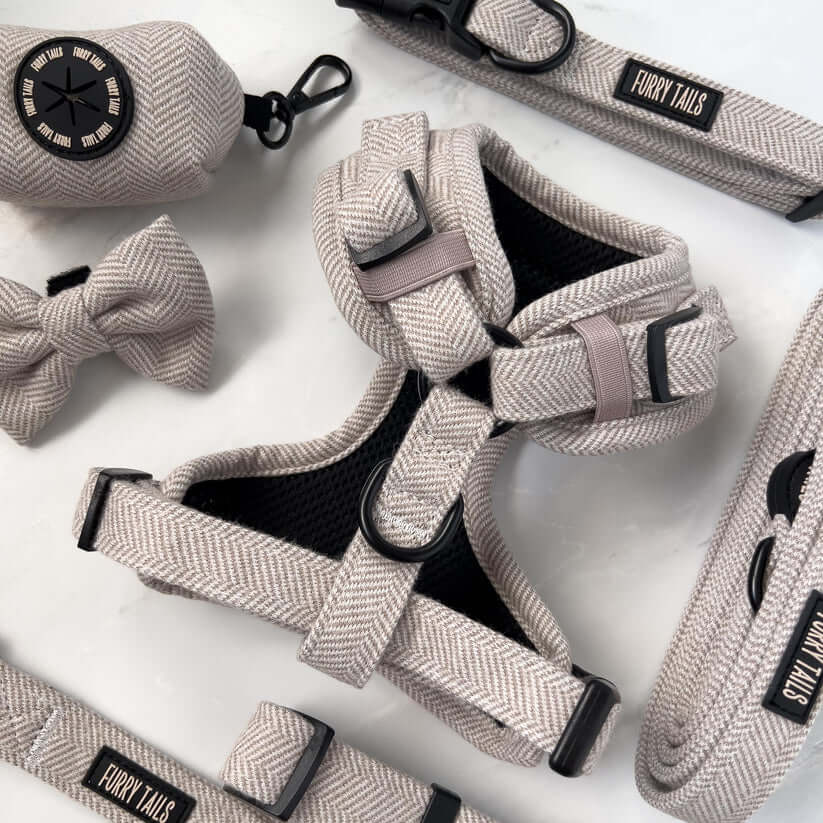 Dog Harness (Full Set) (Coco) – Dog Harness, Dog Collar, Dog Lead, Dog Poo Holder, Dog Bow Tie – by Furry Tails